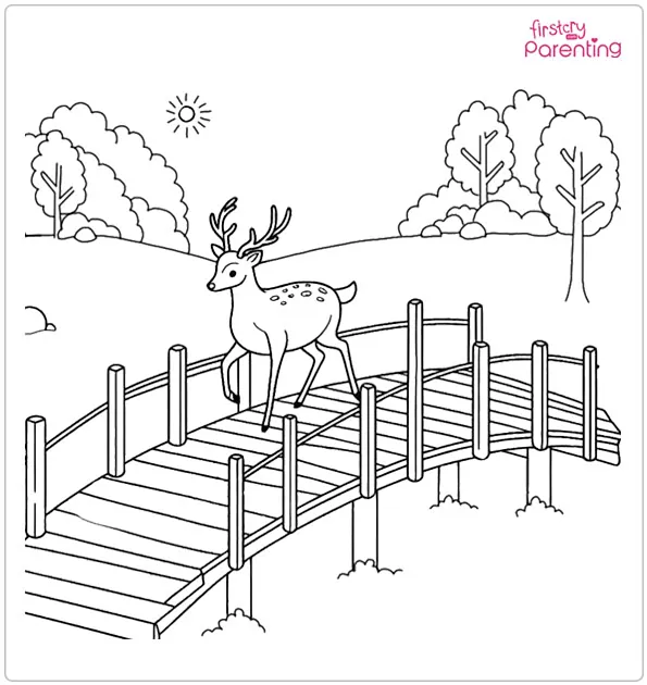 Deer Crossing a Wooden Bridge Coloring Page
