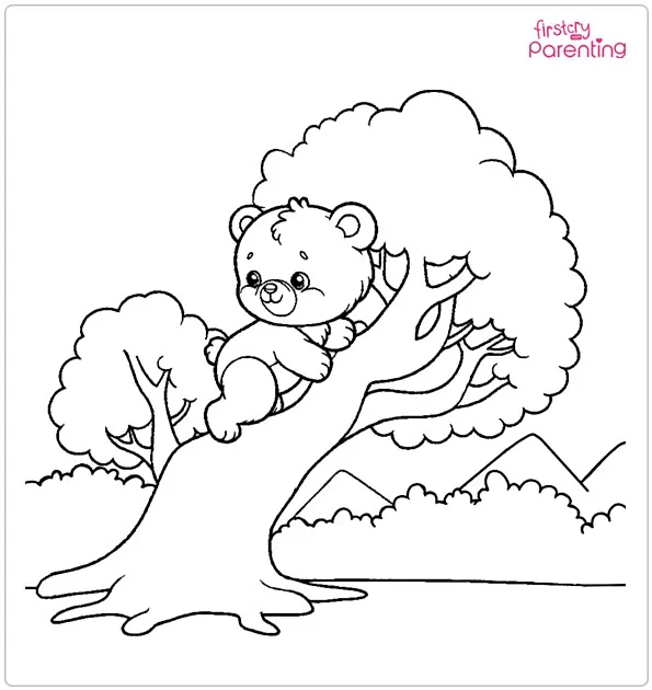 Baby Bear Playing on a Tree Coloring Page