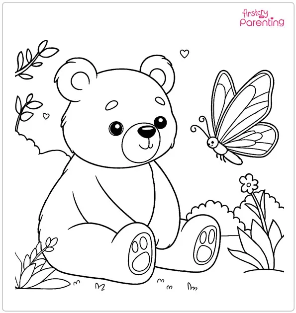 Bear and Butterfly in a Garden Coloring Page