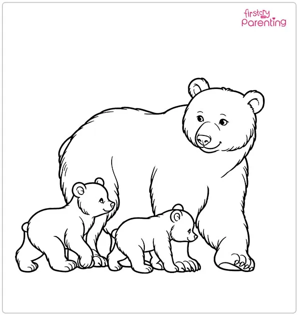 Mama Bear Walking With Her Two Cubs Coloring Page