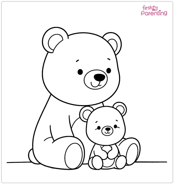 Mama Bear with Baby Bear Sitting in Front Coloring Page