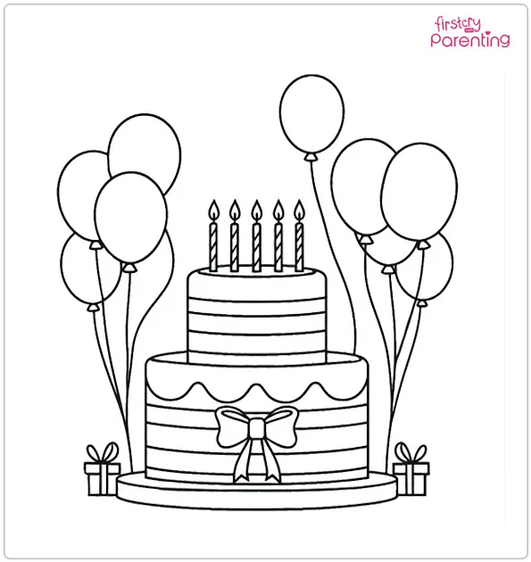 Balloons and Birthday Cake Coloring Page