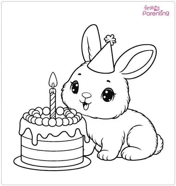 Bunny with a Birthday Cake Coloring Page
