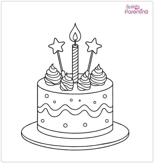 Cake with Star Toppers and Candle Coloring Page