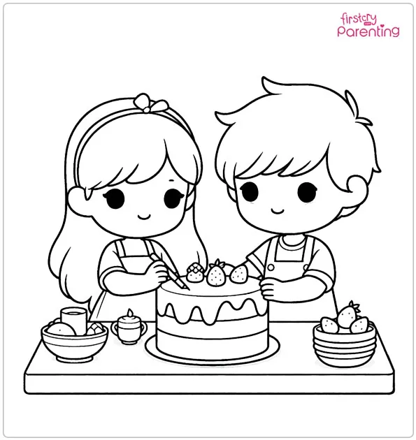 Children Baking Cake Coloring Page