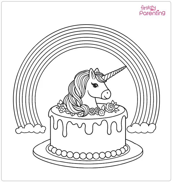 Rainbow Unicorn Cake Coloring Page