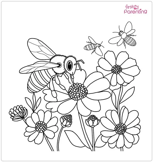 Bees And Flowers Coloring Page