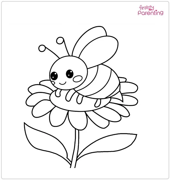 Kawaii Bee and Flower Coloring Page