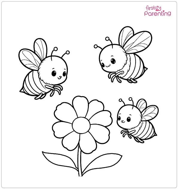 Three Cute Bees Flying Next To Flower Coloring Page