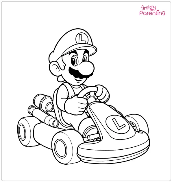 Luigi Racing In Mario Kart Coloring Page