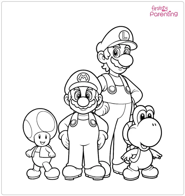 Mario, Luigi, Toad and Yoshi Coloring Page