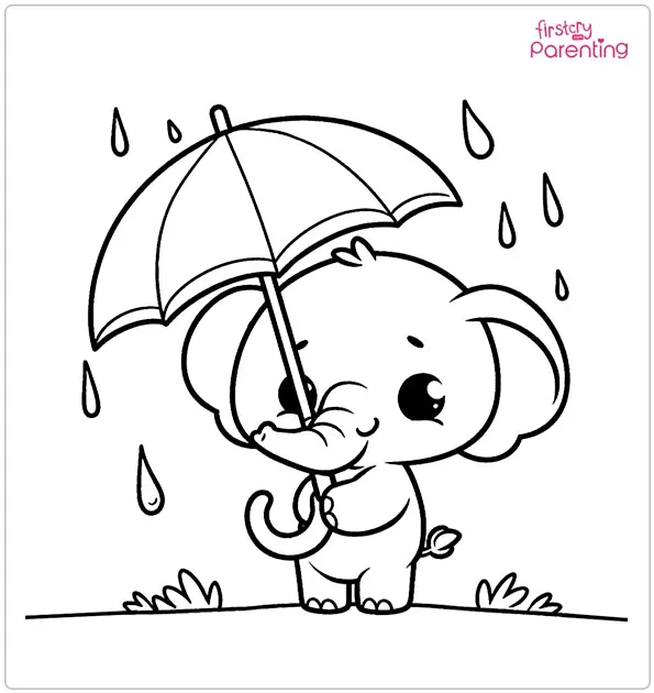 Baby elephant holding an umbrella in the rain Coloring Page