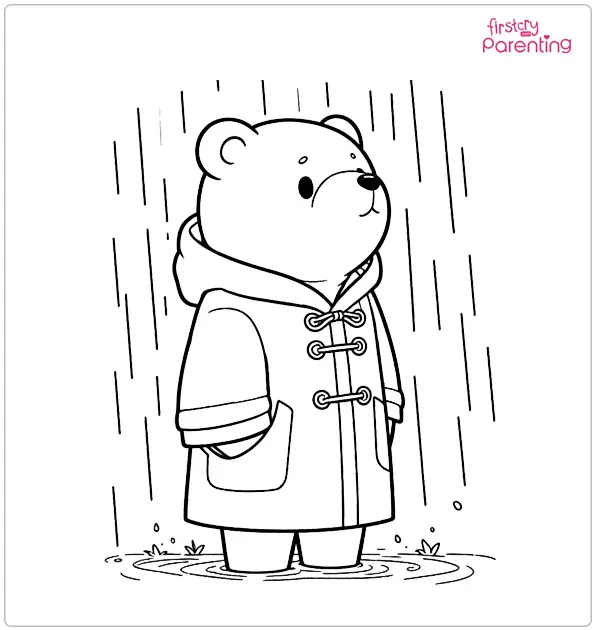 Bear Wearing Raincoat in the Rain Coloring Page