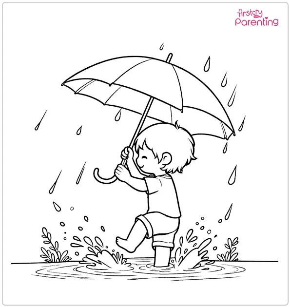 Child Splashing Water In Rain Coloring Page