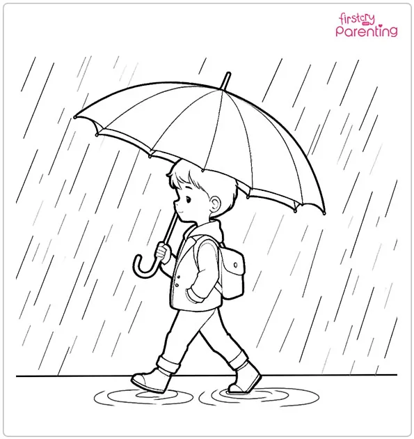 Child walking in the rain holding an umbrella Coloring Page