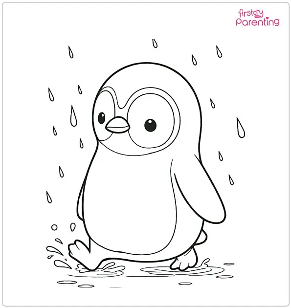 Cute Penguin Walking in the Rain Coloring Page