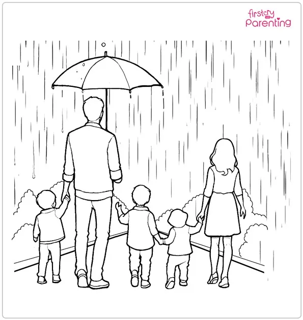 Family in the Rain Coloring Page