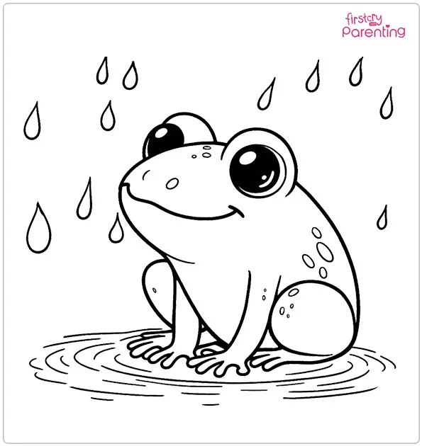 Frog in the Pond on a Rainy Day Coloring Page