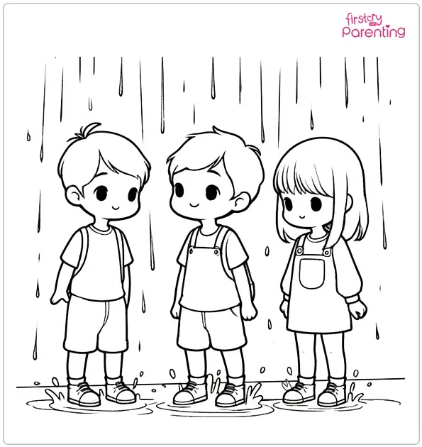 Kids in the Rain Coloring Page