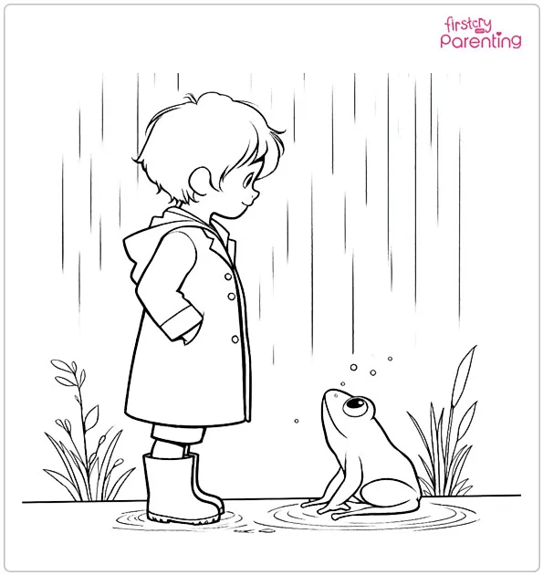 Little Boy Looking At Frog Under The Rain Coloring Page