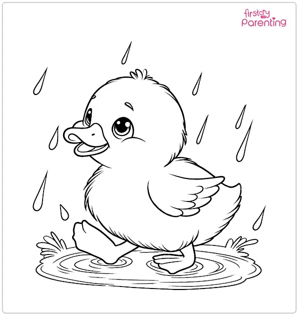 Little Duckling Playing in the Rain Coloring Page