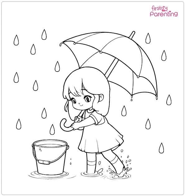 Little Girl Catching Rain in Bucket Coloring Page