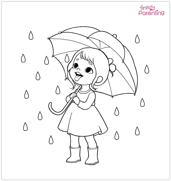 Little Girl Sticking Tongue Out To Catch Rain Coloring Page