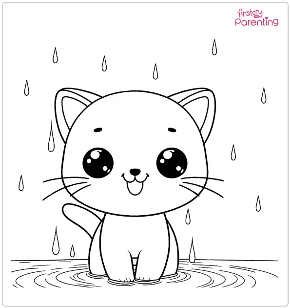 Smiling Cat Standing in the Rain Coloring Page