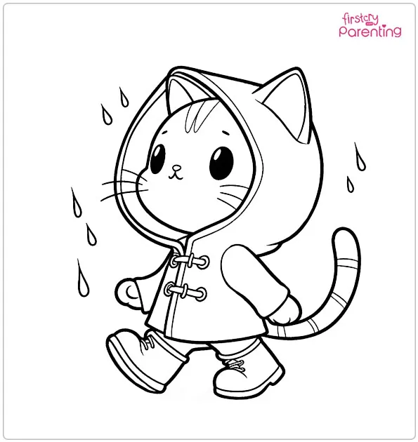 Tabby Cat Walking in Rain With Hooded Coat and Boot Coloring Page