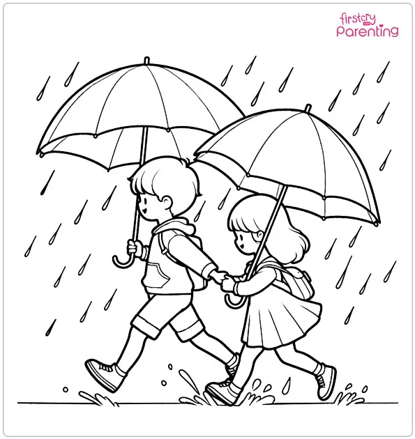Two Kids Running With Umbrellas Coloring Page