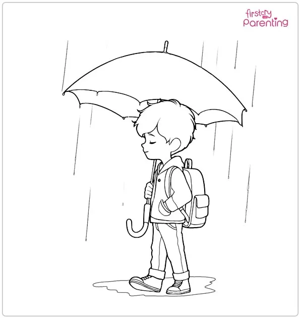 A Boy And His Umbrella Coloring Page