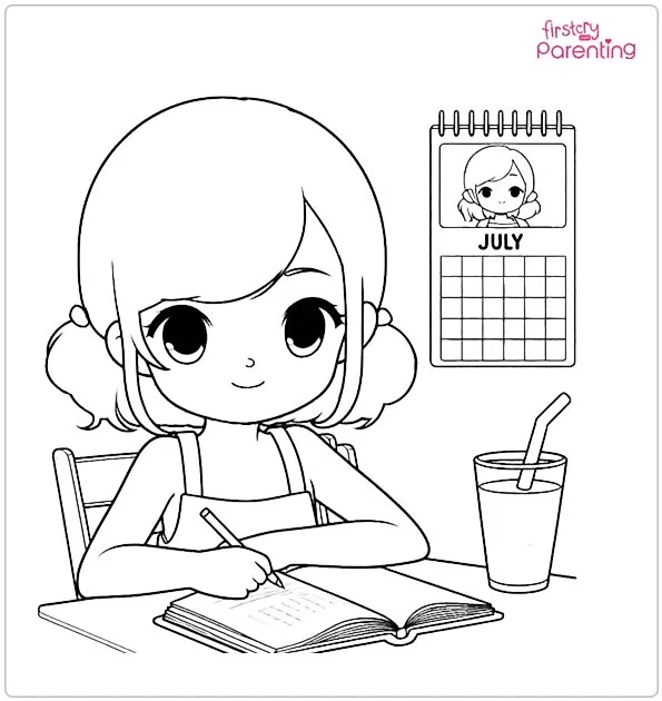 Kid Studying in July Coloring Page