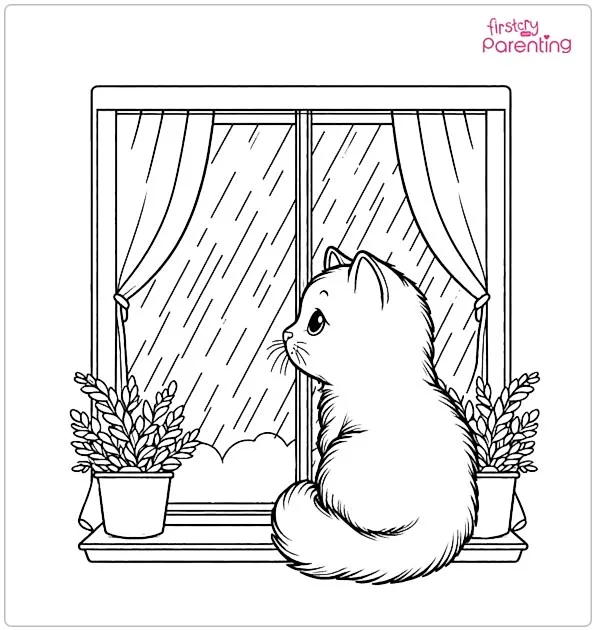 Kitty Watching The Rain Coloring Page
