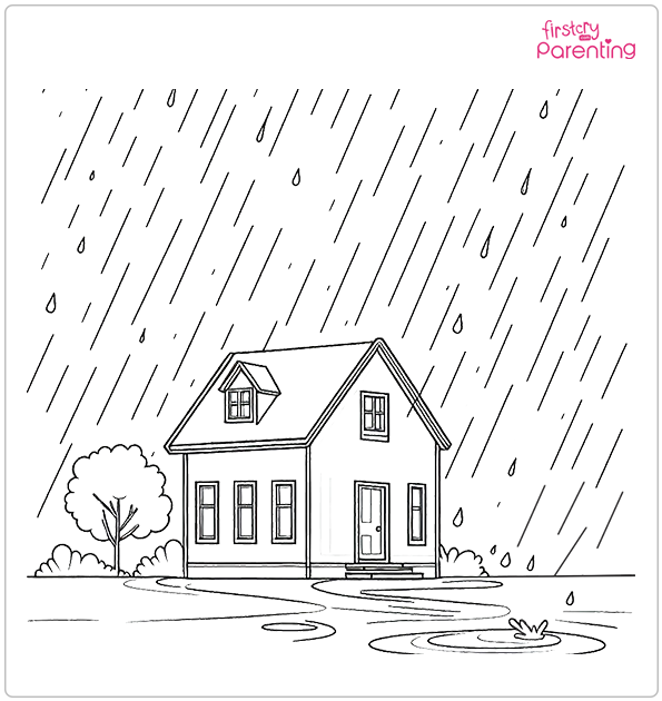 Rain Falling Over A House Coloring Page