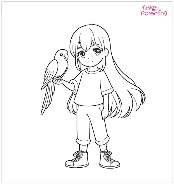 Girl with a Parrot Coloring Page