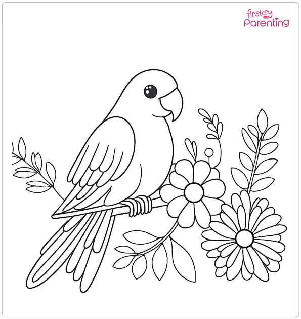 Parrot and Flowers Coloring Page