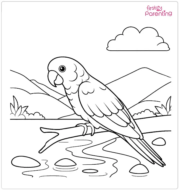 Parrot Near River Coloring Page