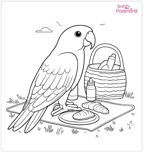 Parrot on a Picnic Coloring Page