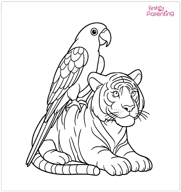 Parrot & Tiger Coloring Page