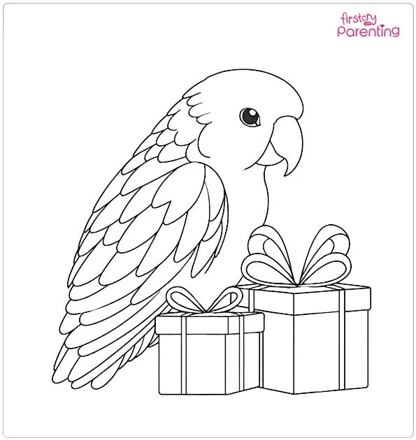 Parrot with Gift Coloring Page
