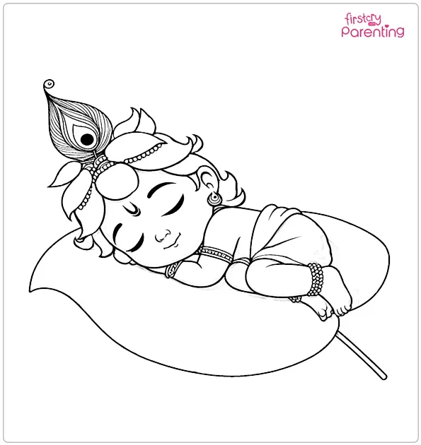 Cute Krishna Sleeping Peacefully on a Leaf Coloring Page