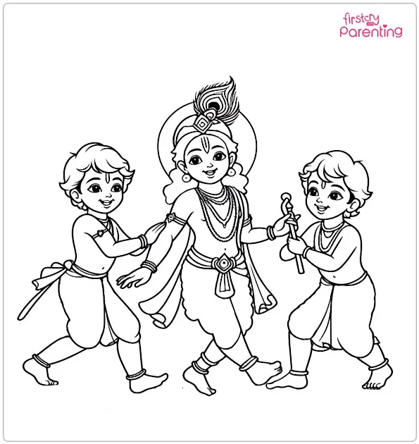 Krishna And Friends Coloring Page