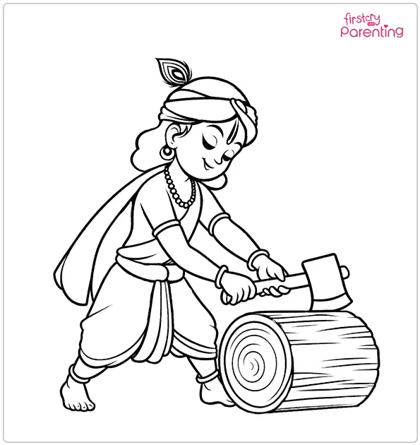 Krishna Chopping Wood Coloring Page