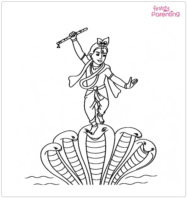 Krishna Dancing on Kaliya Naag Coloring Page