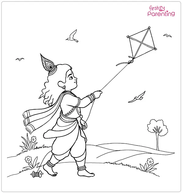 Krishna Flying a Kite Coloring Page