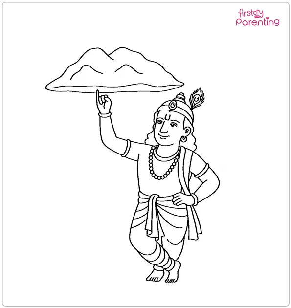 Krishna Lifting Govardhan Hill Coloring Page