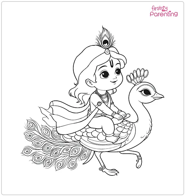 Krishna on Peacock Ride Coloring Page