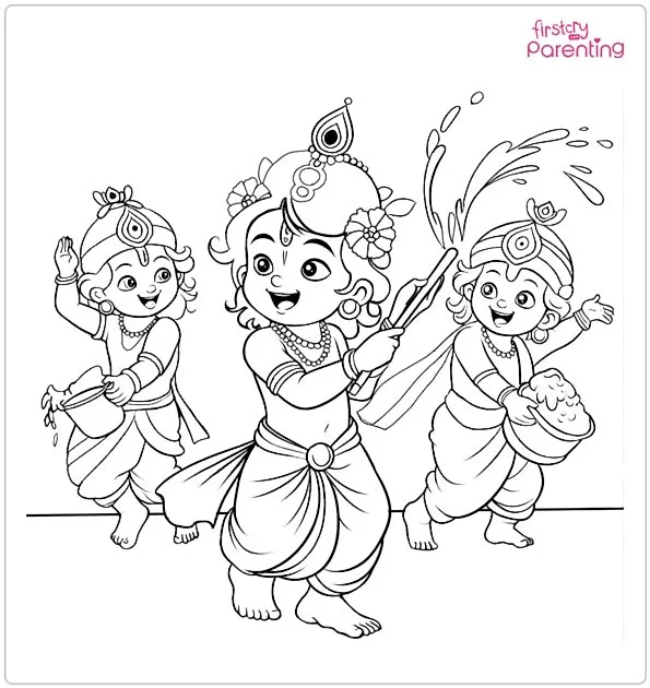 Krishna Playing Holi Coloring Page