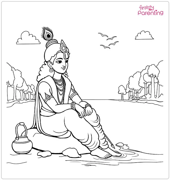 Krishna Sitting Near Yamuna River Coloring Page