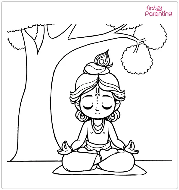 Krishna Sitting Under Tree in Meditation Coloring Page